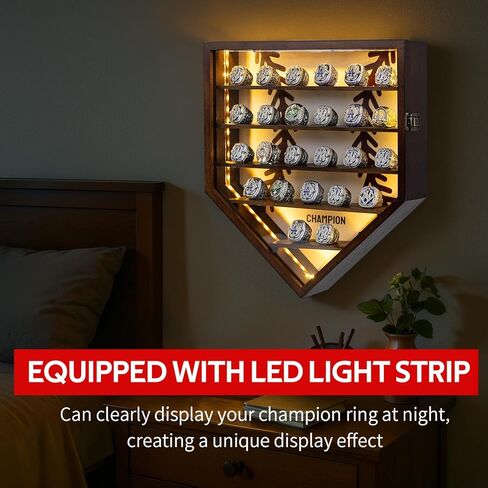 Championship Ring Display Case Display 25pcs Rings,Baseball Ring Display Case with LED Light,Champion Ring Display Case,Wall Mount Wooden Shadow Box for Multiple Ring,Champion Ring Display Case in Saudi Arabia