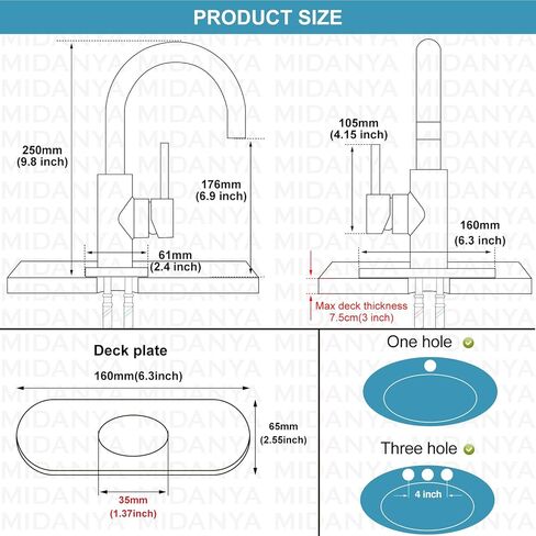 Midanya Bathroom Faucet 1 or 3 Hole Sink Single Handle,Suitable for Bar Kitchen RV Vanity,304 Stainless Steel 360° Swivel Gooseneck Spout with Deck Plate Without Drain,Brushed Nickel in Kuwait