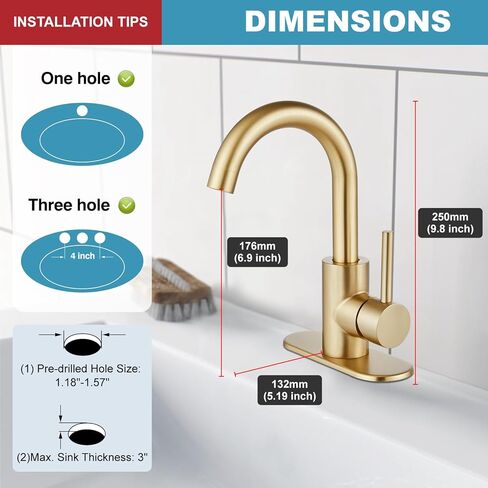 Midanya Bathroom Faucet 1 or 3 Hole Sink Single Handle,Suitable for Bar Kitchen RV Vanity,304 Stainless Steel 360° Swivel Gooseneck Spout with Deck Plate Without Drain,Brushed Nickel in Kuwait