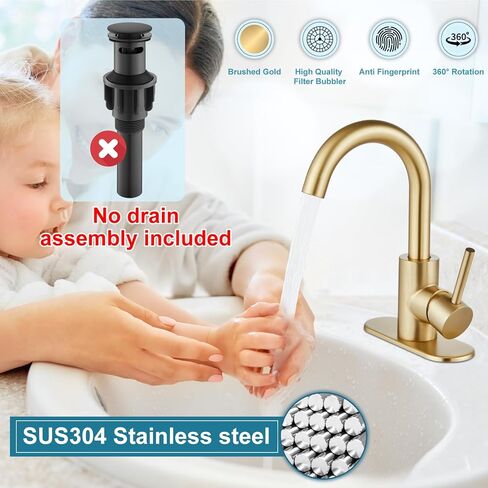 Midanya Bathroom Faucet 1 or 3 Hole Sink Single Handle,Suitable for Bar Kitchen RV Vanity,304 Stainless Steel 360° Swivel Gooseneck Spout with Deck Plate Without Drain,Brushed Nickel in Kuwait