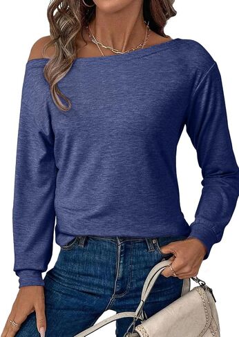 EVALESS Womens Off The Shoulder Tops Casual Long Sleeve Asymmetrical Boat Neck Going Out Tops T Shirts Fashion Clothing in Saudi Arabia