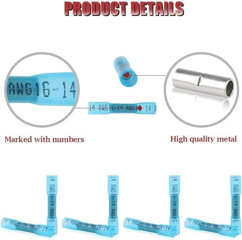 200Pcs 16-14 AWG Blue Marine Grade Heat Shrink Butt Connectors – Waterproof Wire Splice Connectors – Tinned Copper, Adhesive Lined, Strong Crimps in Saudi Arabia