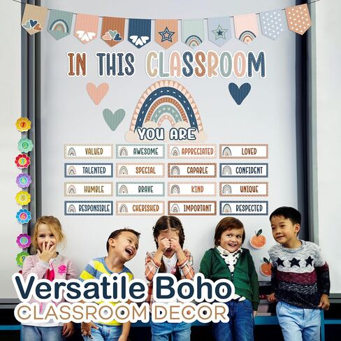4e's Novelty 46 PCS "Everyone Aself" مجموعات ألواح Boho Classroom Bulletin ، مع مجموعة ألواح Boho - Boho الترحيب ، ديكورات لوحات تحفيزية مع قوس قزح وأيدي ديكور للمدرسة in Saudi Arabia