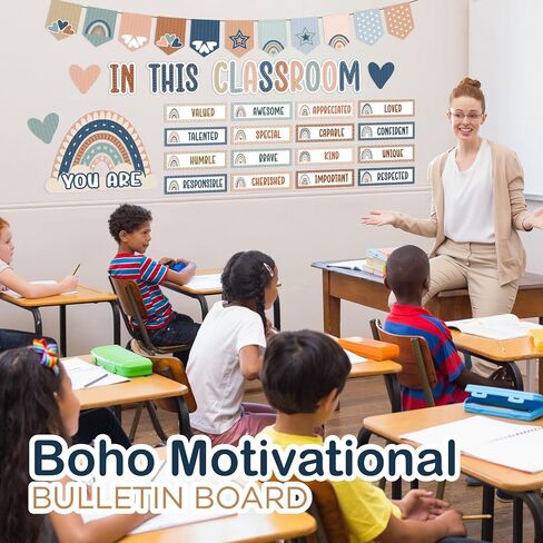 4e's Novelty 46 PCS "Everyone Aself" مجموعات ألواح Boho Classroom Bulletin ، مع مجموعة ألواح Boho - Boho الترحيب ، ديكورات لوحات تحفيزية مع قوس قزح وأيدي ديكور للمدرسة in Saudi Arabia