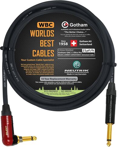 Best Worlds Best Cabls 15 Foot - Gotham GAC -1 Ultra Pro - Premium Low -Cap (21 PF/F) كابل أداة الجيتار الجيتار مع الذهب النيوترريك مباشرة إلى الزاوية (سدادة صامتة) ¼ بوصة (6.35 مم) TS - مصنوعة مخصصة مصنوعة in Kuwait