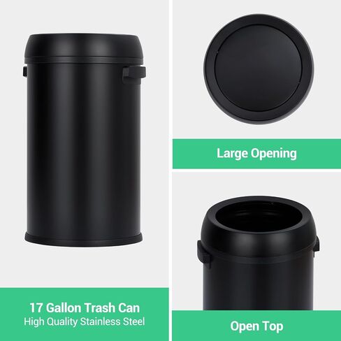 Garvee 17 Gallon/65 Liter Trash Can, Fingerprint-Proof Stainless Steel Open Top Garbage Can, Heavy Duty Commercial Round Trash Bin for Restaurant, Home, Office, Black in Saudi Arabia