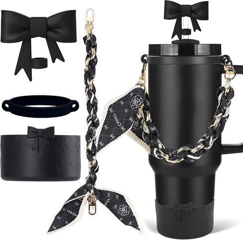 Stanley Cup Accessories Set, Bow Straw Toppers, Water Bottle Handle Strap, Straw Cover Boots for Stanley, Silicone Straw Toppers for Tumblers, Bow Cup Accessories for 20&30&40Oz (Black) in Kuwait