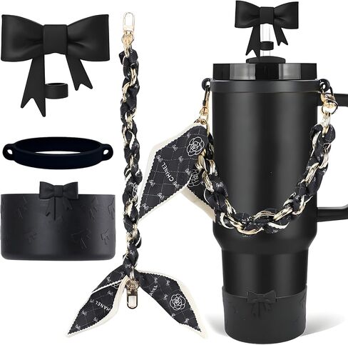 Stanley Cup Accessories Set, Bow Straw Toppers, Water Bottle Handle Strap, Straw Cover Boots for Stanley, Silicone Straw Toppers for Tumblers, Bow Cup Accessories for 20&30&40Oz (Black) in Kuwait