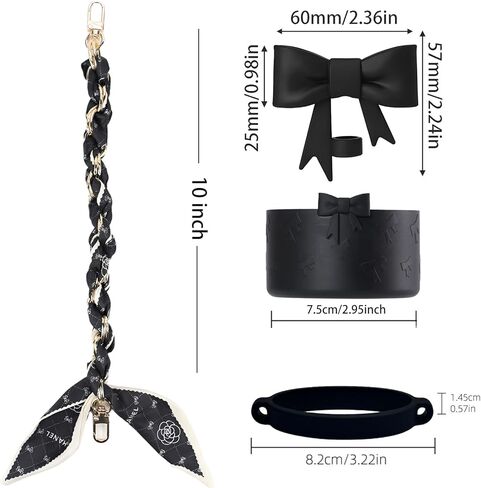 Stanley Cup Accessories Set, Bow Straw Toppers, Water Bottle Handle Strap, Straw Cover Boots for Stanley, Silicone Straw Toppers for Tumblers, Bow Cup Accessories for 20&30&40Oz (Black) in Kuwait