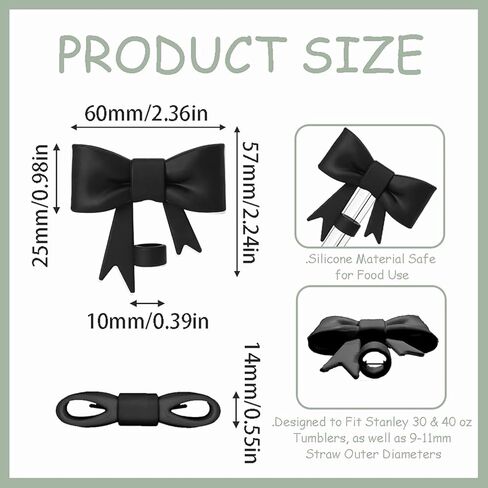Stanley Cup Accessories Set, Bow Straw Toppers, Water Bottle Handle Strap, Straw Cover Boots for Stanley, Silicone Straw Toppers for Tumblers, Bow Cup Accessories for 20&30&40Oz (Black) in Kuwait
