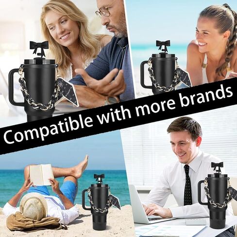 Stanley Cup Accessories Set, Bow Straw Toppers, Water Bottle Handle Strap, Straw Cover Boots for Stanley, Silicone Straw Toppers for Tumblers, Bow Cup Accessories for 20&30&40Oz (Black) in Kuwait
