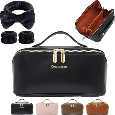 Makeup Bag, Travel Toiletry Bag for Women, Large Capacity Waterproof PU Leather Cosmetic Bags Make Up Organizer Bags with Headband and Wristband Set (Brown, Lychee Pattern) in Saudi Arabia