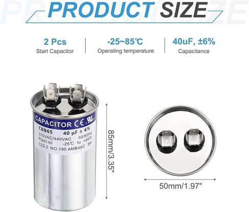 MECCANIXITY 2Pcs 40MFD CBB65 Run Start Capacitor 40uF, 370/440V Round AC Capacitor for AC Motor Run, HVAC, Air Conditioner, Condenser Motors in Kuwait