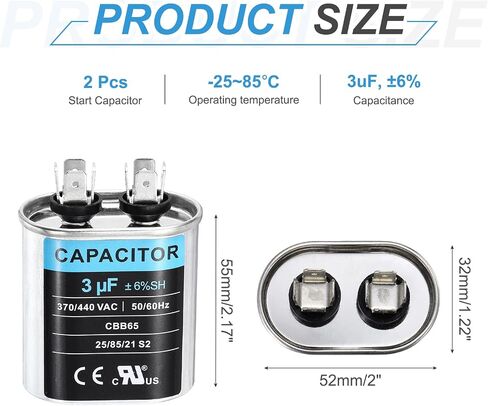 MECCANIXITY 2Pcs 3MFD CBB65 Run Start Capacitor 3uF, 370/440V Oval AC Capacitor for AC Motor Run, HVAC, Air Conditioner, Condenser Motors in Saudi Arabia