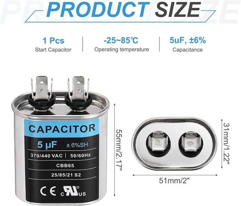 meccanixity 2pcs 3MFD CBB65 تشغيل start مكثف 3UF ، 370/440V OVAL AC CAPACITOR in Saudi Arabia