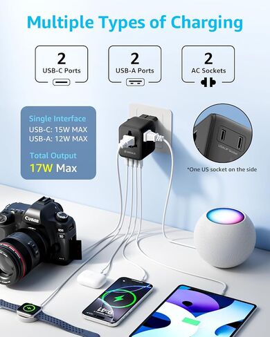 محول السفر العالمي ، محول توصيل السفر الدولي مع 3 موانئ USB-C ＆ 2 USB-A (إجمالي 30W) ، كل ذلك في محول محمول واحد ، للولايات المتحدة الأمريكية ، المملكة المتحدة ، الاتحاد الأوروبي ، AU ＆ 224+ بلدان (أبيض) in Saudi Arabia