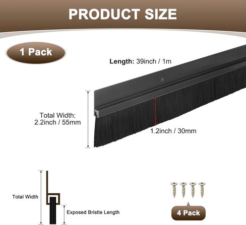 Door Brush Bottom Sweep, 39" L x 1.8" W H-Shape Aluminum Alloy Base with 0.8" Nylon Brush for Industrial/Home/Garage Door Seal, Strong Adhesive Weather Stripping [Black] in Saudi Arabia