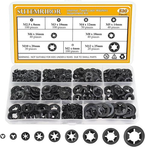 520 Pieces Internal Tooth Star Lock Washers, M2 M2.5 M3 M4 M5 M6 M8 M10 M12 Quick Speed Locking Washers Kit, Black Oxide Finish Push on Retaining Clips in Saudi Arabia