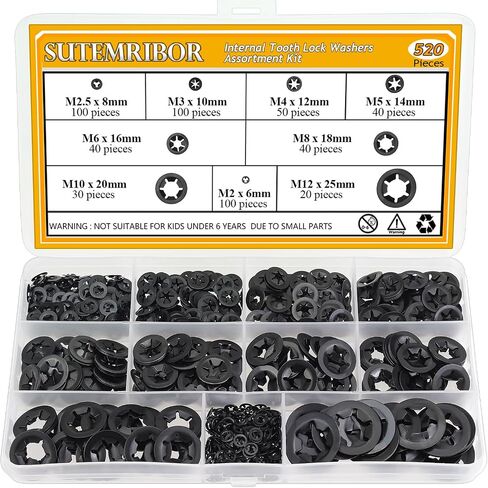 520 Pieces Internal Tooth Star Lock Washers, M2 M2.5 M3 M4 M5 M6 M8 M10 M12 Quick Speed Locking Washers Kit, Black Oxide Finish Push on Retaining Clips in Saudi Arabia