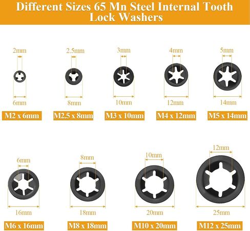 520 Pieces Internal Tooth Star Lock Washers, M2 M2.5 M3 M4 M5 M6 M8 M10 M12 Quick Speed Locking Washers Kit, Black Oxide Finish Push on Retaining Clips in Saudi Arabia