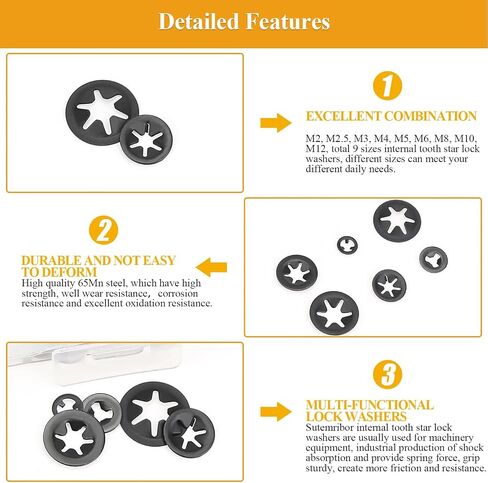 520 Pieces Internal Tooth Star Lock Washers, M2 M2.5 M3 M4 M5 M6 M8 M10 M12 Quick Speed Locking Washers Kit, Black Oxide Finish Push on Retaining Clips in Saudi Arabia