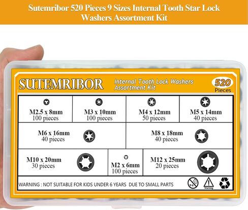 520 Pieces Internal Tooth Star Lock Washers, M2 M2.5 M3 M4 M5 M6 M8 M10 M12 Quick Speed Locking Washers Kit, Black Oxide Finish Push on Retaining Clips in Saudi Arabia