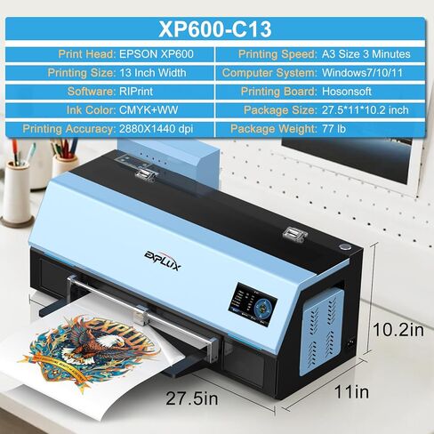 Explux A3 DTF Printer ، XP600 Turbo Printhead ، 2x أسرع الإخراج ، تصميم مضاد للكلوج+عرض متعدد الوظائف LED ، متوافق متعدد المواد ، حبر الهدايا لمدة عامين (طابعة+مسحوق Shaker+Heat Press+Filter) in Kuwait