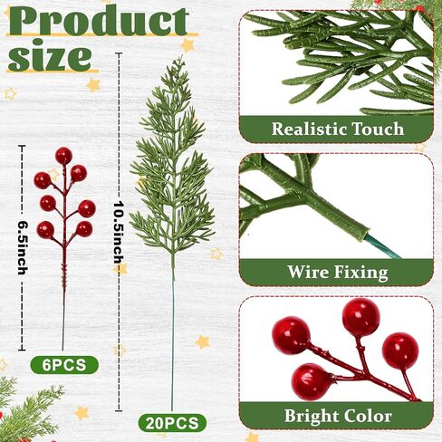 45pcs فروع الصنوبر الاصطناعية مع سيقان توت حمراء ، فروع عيد الميلاد الخضراء للأرز ، إبر الصنوبر الخضراء المزيفة للأكليل ، أكاليل ، DIY الحرفية ، وزينة عيد الميلاد in Kuwait