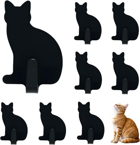 Adhesive Wall Hooks Cat Shaped - 8 Pack Stainless Steel Key Hangers for Cat Lovers - Cute Decorative Hooks for Hanging Hats, Bags,Towels(Black) in Saudi Arabia