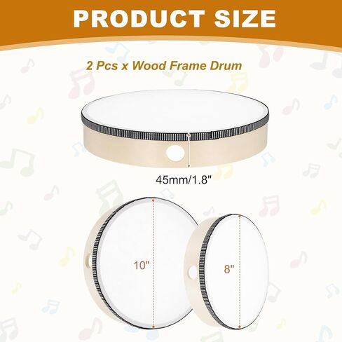 MECCANIXITY 2 Pcs Hand Drum Music Percussion 10 Inch & 8 Inch Wood Frame Drum Set Musical Instrument for Musical Education Home Party Performance Supplies (Wood Color) in Kuwait