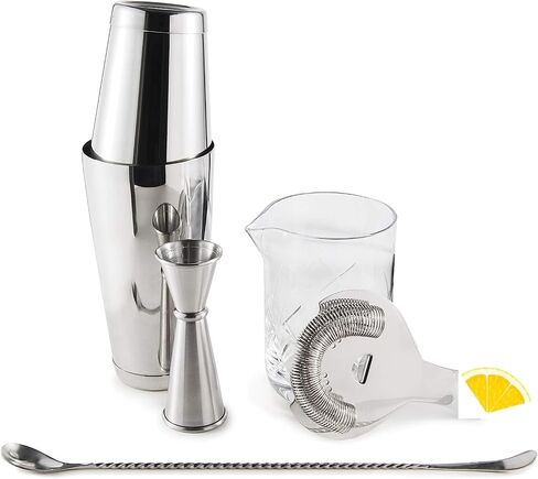 Cocktail Set - Stainless Steel, Essential Cocktail Set Includes Jigger, Hawthorne Strainer, Shaking Tins, Mixing Glass, Barspoon (Set of 6) in Saudi Arabia