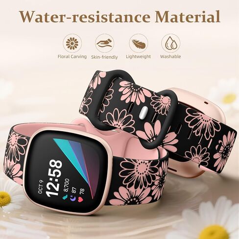 أشرطة حرارة الشمس ، فرق محفورة متوافقة مع Fitbit Sense/Sense 2/Versa 3/Versa 4 Gen Men ، Flate Flower Sport Flower Watch Bresponds Brishbands in Kuwait