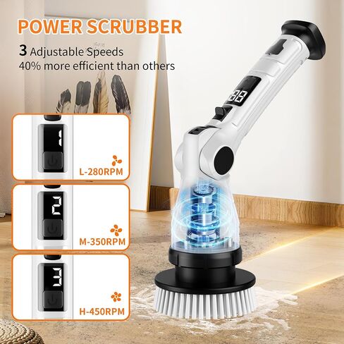 Electric Spin Scrubber, Power Electric Scrubber for Cleaning, Shower Cordless Cleaning Brush with 6 Adjustable Angles,8 Brush Heads, 3 Speed Mode, Electric Cleaning Brush for Bathroom/Tub/Floor/Tile in Saudi Arabia