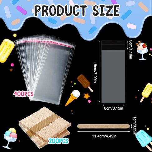600 Pcs Ice Lolly Sticks and Bags Set, Clear Lolly Plastic Bags Ice Cream Sticks for Food Self Adhesive Bag Wrappers for DIY Supplies, 4.49 Inch, 8.27 x 3.15 Inch in Saudi Arabia
