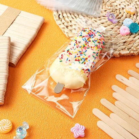 600 Pcs Ice Lolly Sticks and Bags Set, Clear Lolly Plastic Bags Ice Cream Sticks for Food Self Adhesive Bag Wrappers for DIY Supplies, 4.49 Inch, 8.27 x 3.15 Inch in Saudi Arabia