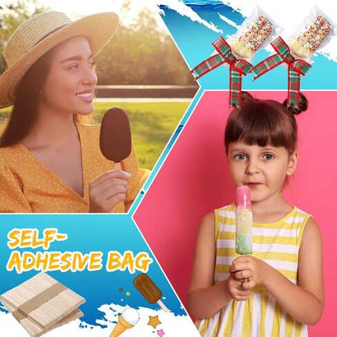 600 Pcs Ice Lolly Sticks and Bags Set, Clear Lolly Plastic Bags Ice Cream Sticks for Food Self Adhesive Bag Wrappers for DIY Supplies, 4.49 Inch, 8.27 x 3.15 Inch in Saudi Arabia
