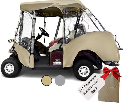 تغطي Formosa 2+2 غولف CART العلبة القابلة للقيادة - سحاب YKK متينة - غولف CART RAIN COVER SHORT ROOP 58 "Ezgo ، Club Car- 4 مقاعد من النوافذ الصافية 4 جوانب | Taupe in Kuwait