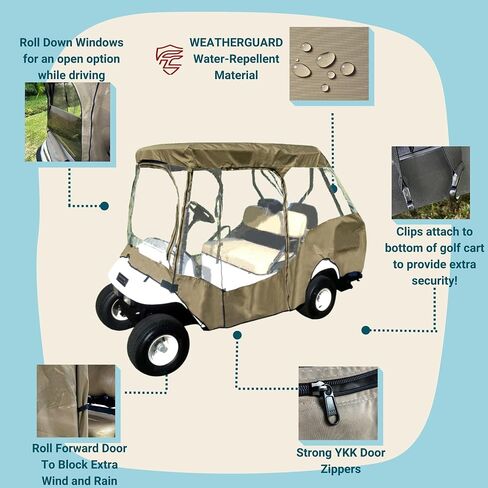 تغطي Formosa 2+2 غولف CART العلبة القابلة للقيادة - سحاب YKK متينة - غولف CART RAIN COVER SHORT ROOP 58 "Ezgo ، Club Car- 4 مقاعد من النوافذ الصافية 4 جوانب | Taupe in Kuwait