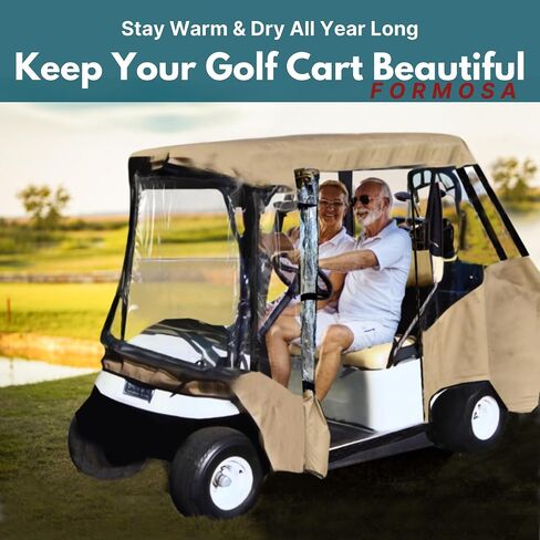 تغطي Formosa 2+2 غولف CART العلبة القابلة للقيادة - سحاب YKK متينة - غولف CART RAIN COVER SHORT ROOP 58 "Ezgo ، Club Car- 4 مقاعد من النوافذ الصافية 4 جوانب | Taupe in Kuwait
