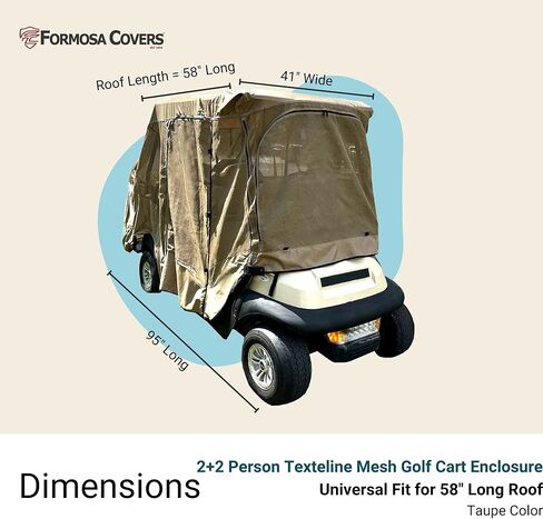 تغطي Formosa 2+2 غولف CART العلبة القابلة للقيادة - سحاب YKK متينة - غولف CART RAIN COVER SHORT ROOP 58 "Ezgo ، Club Car- 4 مقاعد من النوافذ الصافية 4 جوانب | Taupe in Kuwait
