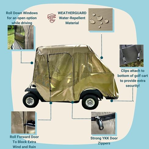 تغطي Formosa 2+2 غولف CART العلبة القابلة للقيادة - سحاب YKK متينة - غولف CART RAIN COVER SHORT ROOP 58 "Ezgo ، Club Car- 4 مقاعد من النوافذ الصافية 4 جوانب | Taupe in Kuwait