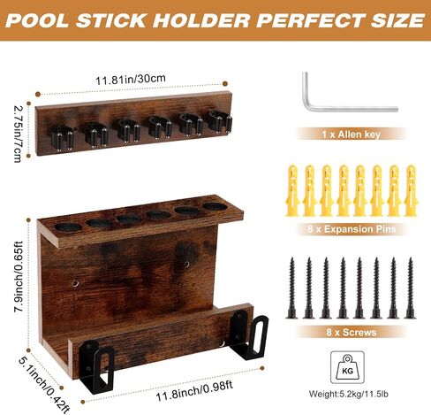 Wall Mount Pool Stick Holder, Pool Table Accessories Pool Cue Holder 6 Stick Pool Cue Rack for Game Room Billiard Room Club Decor, Hardwood in Kuwait