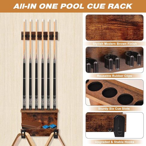 Wall Mount Pool Stick Holder, Pool Table Accessories Pool Cue Holder 6 Stick Pool Cue Rack for Game Room Billiard Room Club Decor, Hardwood in Kuwait