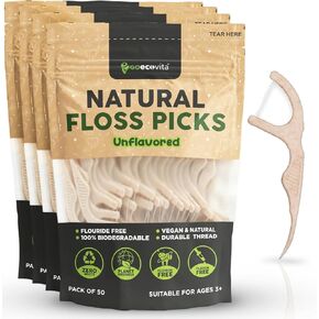 Biodegradable Floss Picks (Unflavored) - Natural Straw Wheat Handle | Thin & Durable Thread for Tight Gaps! | Dental Flossers for Adults | Gentle on Gums & Teeth | Eco Friendly, Vegan (100 Pack) in Kuwait