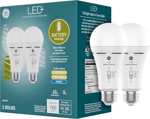 GE LED + LED Backup Battery LED مصابيح LED ، A21 مصباح الطوارئ القابل لإعادة الشحن لانقطاع التيار الكهربائي + مصباح يدوي ، أبيض ناعم (2 عبوة) in Saudi Arabia