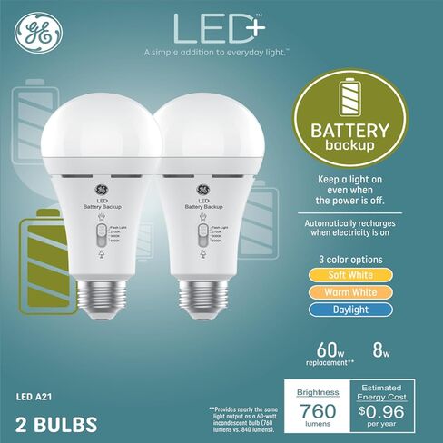 GE LED + LED Backup Battery LED مصابيح LED ، A21 مصباح الطوارئ القابل لإعادة الشحن لانقطاع التيار الكهربائي + مصباح يدوي ، أبيض ناعم (2 عبوة) in Saudi Arabia