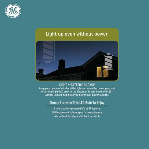 GE LED + LED Backup Battery LED مصابيح LED ، A21 مصباح الطوارئ القابل لإعادة الشحن لانقطاع التيار الكهربائي + مصباح يدوي ، أبيض ناعم (2 عبوة) in Saudi Arabia