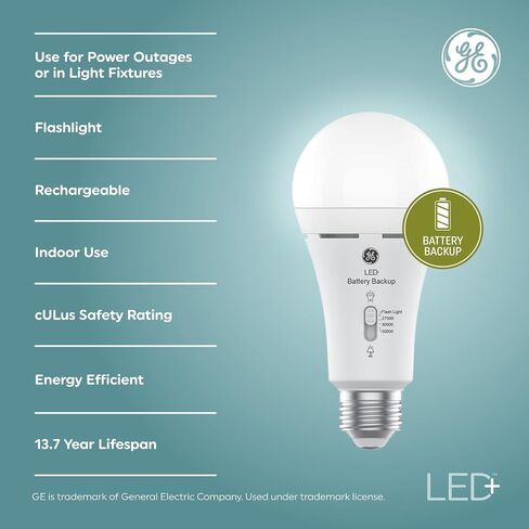 GE LED + LED Backup Battery LED مصابيح LED ، A21 مصباح الطوارئ القابل لإعادة الشحن لانقطاع التيار الكهربائي + مصباح يدوي ، أبيض ناعم (2 عبوة) in Saudi Arabia