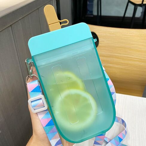 AXLOFO® Cute Water Bottle with Straw - 300 ML Creative Ice Cream Popsicle Cups Adjustable Shoulder Strap for School Girls, BPA Free Kawaii Drinking Bottles (purple) in Saudi Arabia