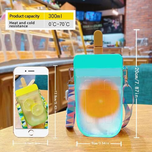 AXLOFO® Cute Water Bottle with Straw - 300 ML Creative Ice Cream Popsicle Cups Adjustable Shoulder Strap for School Girls, BPA Free Kawaii Drinking Bottles (purple) in Saudi Arabia